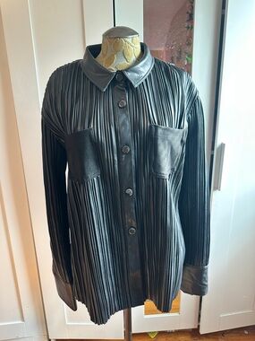 Maniere De Voir Black Plisse Button-Front Vegan Leather Blouse